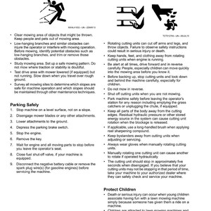 Peut inclure: Consignes de s&eacute;curit&eacute; pour tondeuses &agrave; gazon, notamment la v&eacute;rification de la zone de tonte et les avertissements concernant les lames rotatives. Instructions sur le stationnement en s&eacute;curit&eacute; et la protection des enfants.