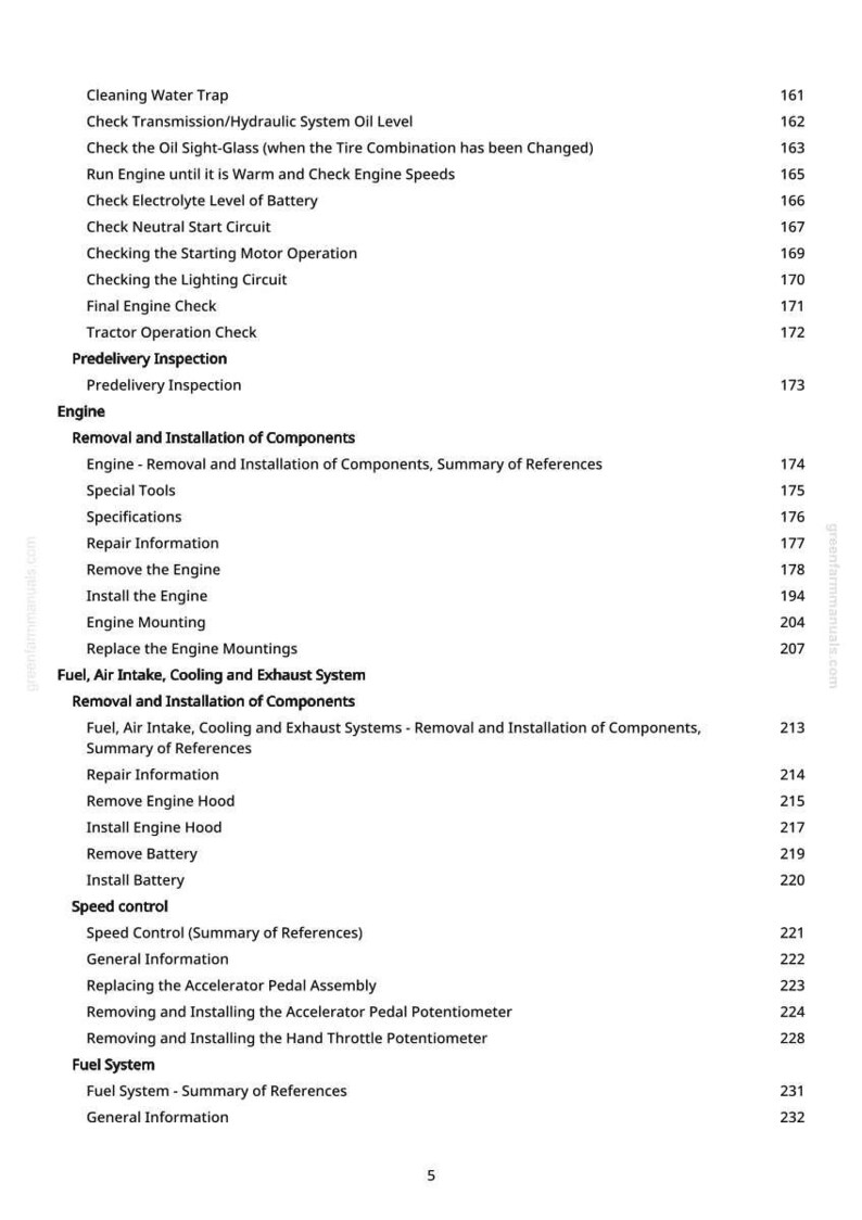 May include: A page from a manual with a table of contents. The text includes sections on engine maintenance, fuel systems, and speed control. The page number is 5.