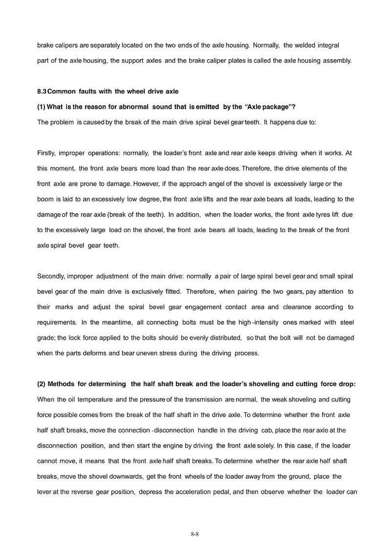 Op de afbeelding: Een pagina uit een handleiding met tekst over veelvoorkomende fouten met een wielaandrijfas, inclusief oorzaken van abnormale geluiden en methoden om asbreuken te bepalen. Bevat technische diagrammen en uitleg.