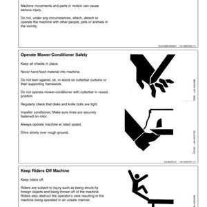 May include: A safety manual page with three sections. The first section advises maintaining a safety area. The second section details safe mower-conditioner operation. The third section warns to keep riders off the machine. Black and white illustrations accompany the text.