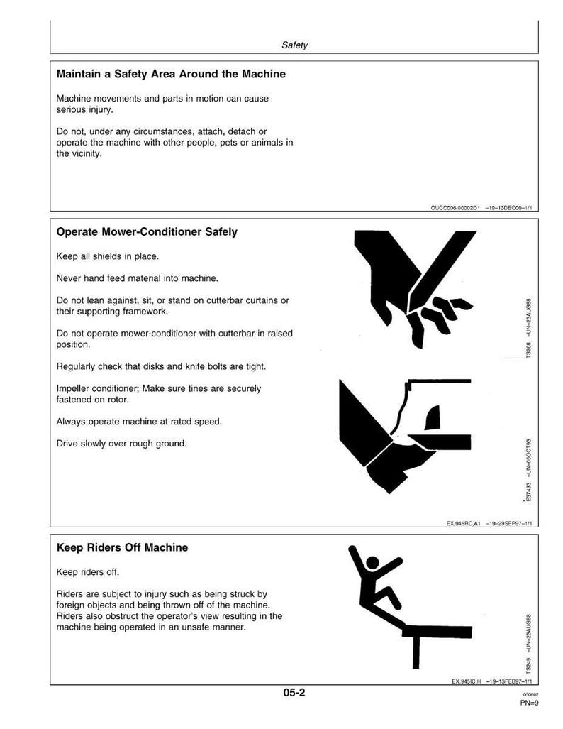 May include: A safety manual page with three sections. The first section advises maintaining a safety area. The second section details safe mower-conditioner operation. The third section warns to keep riders off the machine. Black and white illustrations accompany the text.