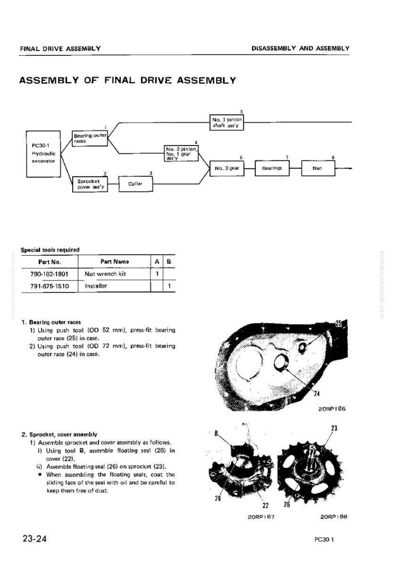 May include: Diagram of a final drive assembly for a PC30-1 hydraulic excavator. The image includes a schematic, parts list, and detailed instructions for disassembly and assembly, with measurements in millimeters.