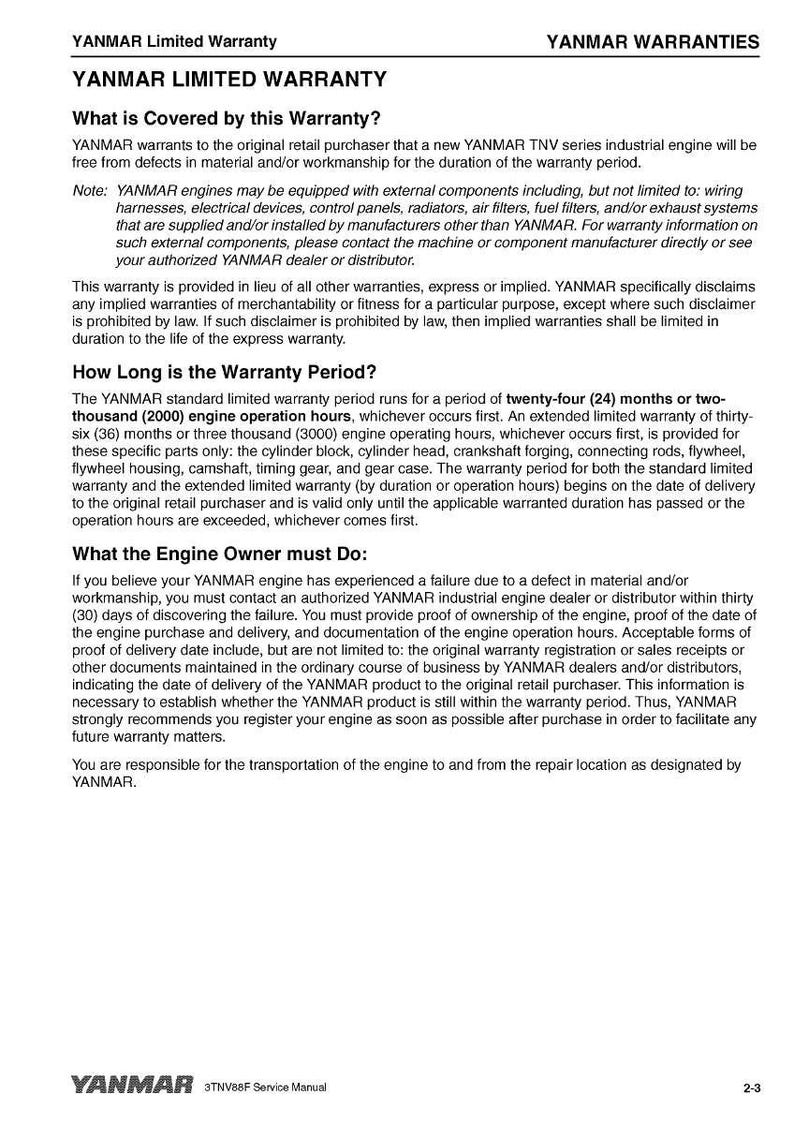K&ouml;nnte beinhalten: Ein wei&szlig;es Dokument mit dem Titel "YANMAR LIMITED WARRANTY", das die Garantiebedingungen f&uuml;r YANMAR TNV-Industriemotoren erl&auml;utert. Enth&auml;lt Informationen zu Garantiezeiten, Eigent&uuml;merpflichten und Kontaktinformationen.