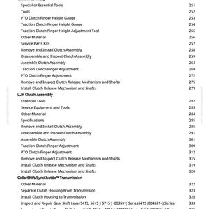 May include: A page from a manual with a list of automotive repair procedures, including clutch assembly, transmission, and related components. The text is black on a white background, with page numbers on the right.