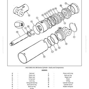 May include: An exploded diagram of a 580 series cylinder, showcasing seals and components. The image includes a detailed breakdown of parts like piston rods, seals, and rings, with labels for each component. The text reads "Inspecting 580 Series Cylinder-Seals and Components."