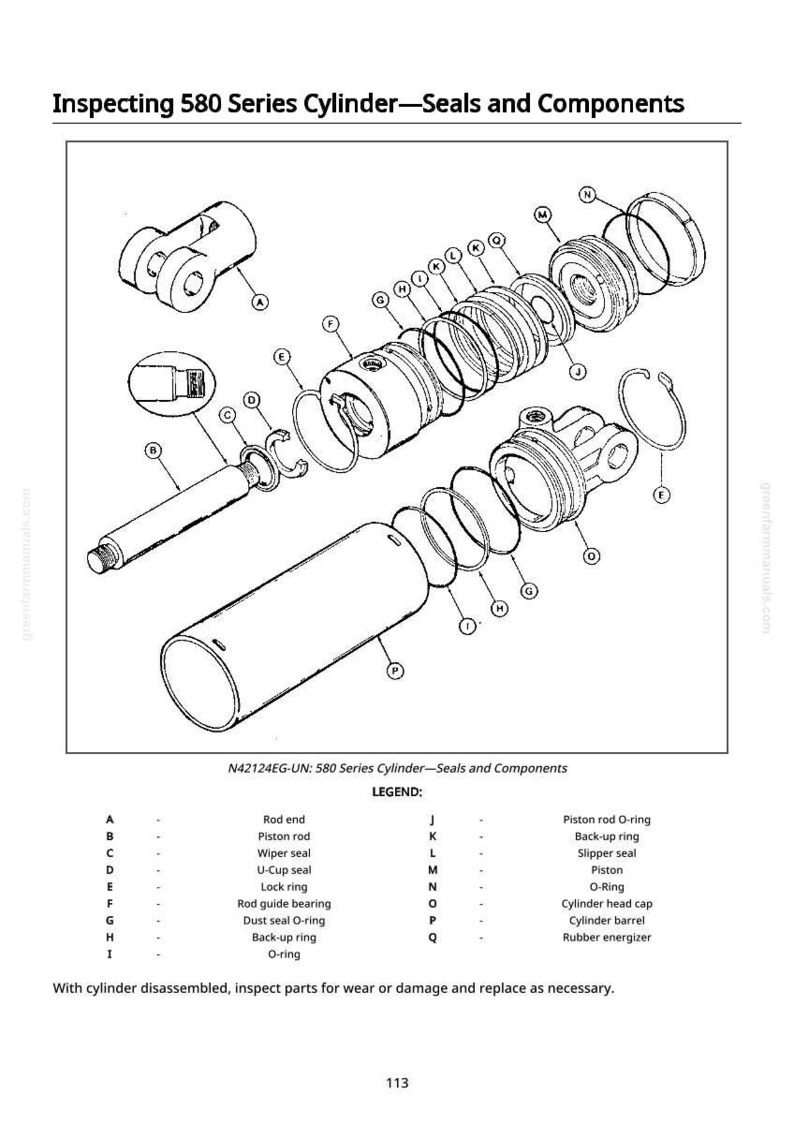 May include: An exploded diagram of a 580 series cylinder, showcasing seals and components. The image includes a detailed breakdown of parts like piston rods, seals, and rings, with labels for each component. The text reads "Inspecting 580 Series Cylinder-Seals and Components."