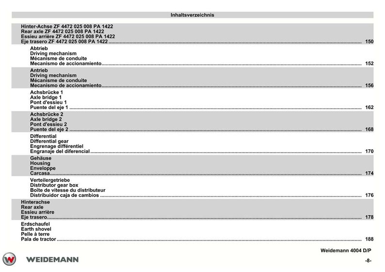 Op de afbeelding: Een pagina uit een handleiding met de titel "Inhaltsverzeichnis". Het document bevat verschillende mechanische componenten, waaronder achterassen, aandrijfmechanismen en differentieel versnellingen, met paginanummers.