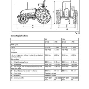 May include: Diagram of a tractor with technical specifications. The image includes side and rear views, labeled with dimensions in millimeters. Key measurements include height, wheelbase, and ground clearance.
