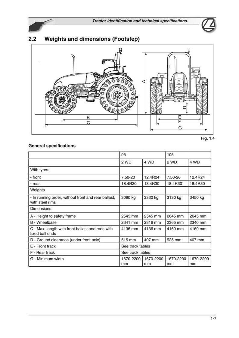 May include: Diagram of a tractor with technical specifications. The image includes side and rear views, labeled with dimensions in millimeters. Key measurements include height, wheelbase, and ground clearance.