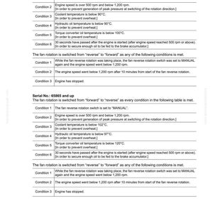 May include: A technical document titled "10 Structure, function and maintenance standard" with the serial numbers 65001 to 65864 and 65865 and up. The document details conditions for fan rotation, including engine speed, coolant temperature, and hydraulic oil temperature. The document is labeled SEN06428-01.