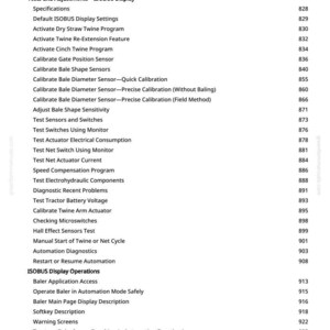 Op de afbeelding: Een witte pagina met een gedetailleerde inhoudsopgave voor een handleiding. De tekst bevat onderwerpen als "Kalibreer de diameter sensor van de baal", "Test sensoren en schakelaars" en "ISOBUS Display Operations".