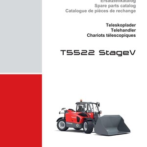 Pode incluir: Uma capa de brochura com um manipulador telesc&oacute;pico Weidemann T5522 StageV vermelho e cinza. A capa inclui o logotipo da Weidemann, informa&ccedil;&otilde;es do cat&aacute;logo de pe&ccedil;as de reposi&ccedil;&atilde;o em ingl&ecirc;s, franc&ecirc;s e alem&atilde;o e o nome do modelo.