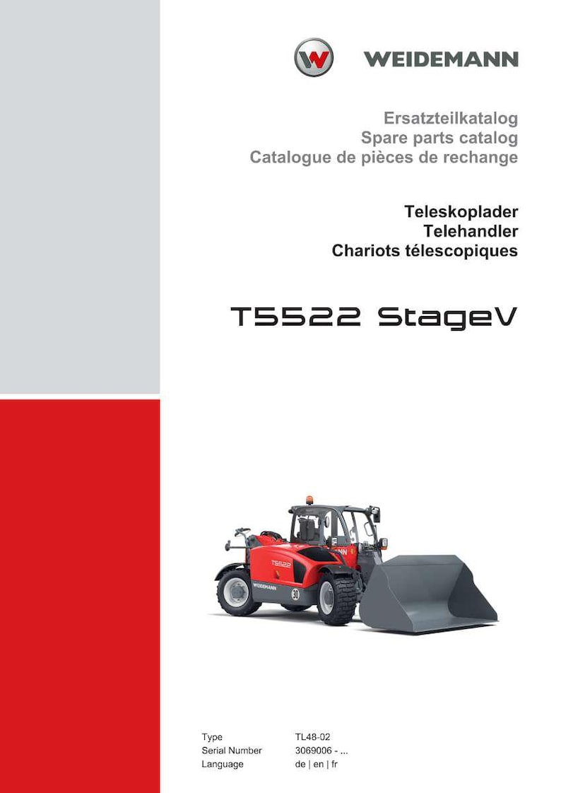 Pode incluir: Uma capa de brochura com um manipulador telesc&oacute;pico Weidemann T5522 StageV vermelho e cinza. A capa inclui o logotipo da Weidemann, informa&ccedil;&otilde;es do cat&aacute;logo de pe&ccedil;as de reposi&ccedil;&atilde;o em ingl&ecirc;s, franc&ecirc;s e alem&atilde;o e o nome do modelo.