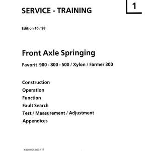 May include: A white document with black text, featuring the Fendt logo and the words "SERVICE - TRAINING." The document details "Front Axle Springing" for Favorit models. Includes sections on construction, operation, and fault search. Edition 10/98.
