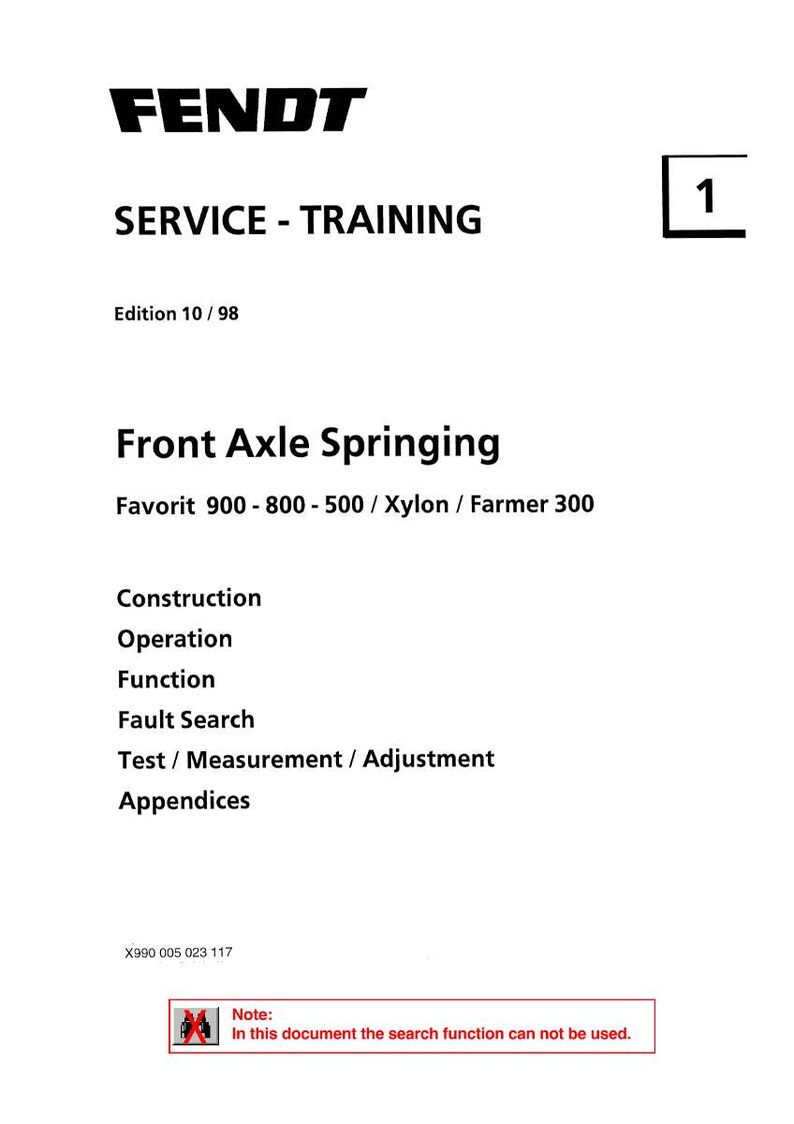 May include: A white document with black text, featuring the Fendt logo and the words "SERVICE - TRAINING." The document details "Front Axle Springing" for Favorit models. Includes sections on construction, operation, and fault search. Edition 10/98.