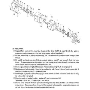 May include: An exploded diagram of a rear pump assembly, showing various components like gears, plates, and seals. The image is a technical illustration with labels and numbers for each part, ideal for mechanical reference.