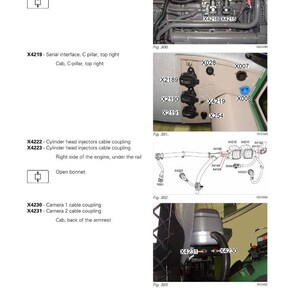 Op de afbeelding: Diagram van tractoronderdelen, inclusief motorkabelkoppelingen, seri&euml;le interface en camerakabelkoppelingen. De afbeelding bevat labels en diagrammen voor verschillende onderdelen, zoals de motor en de cabine.