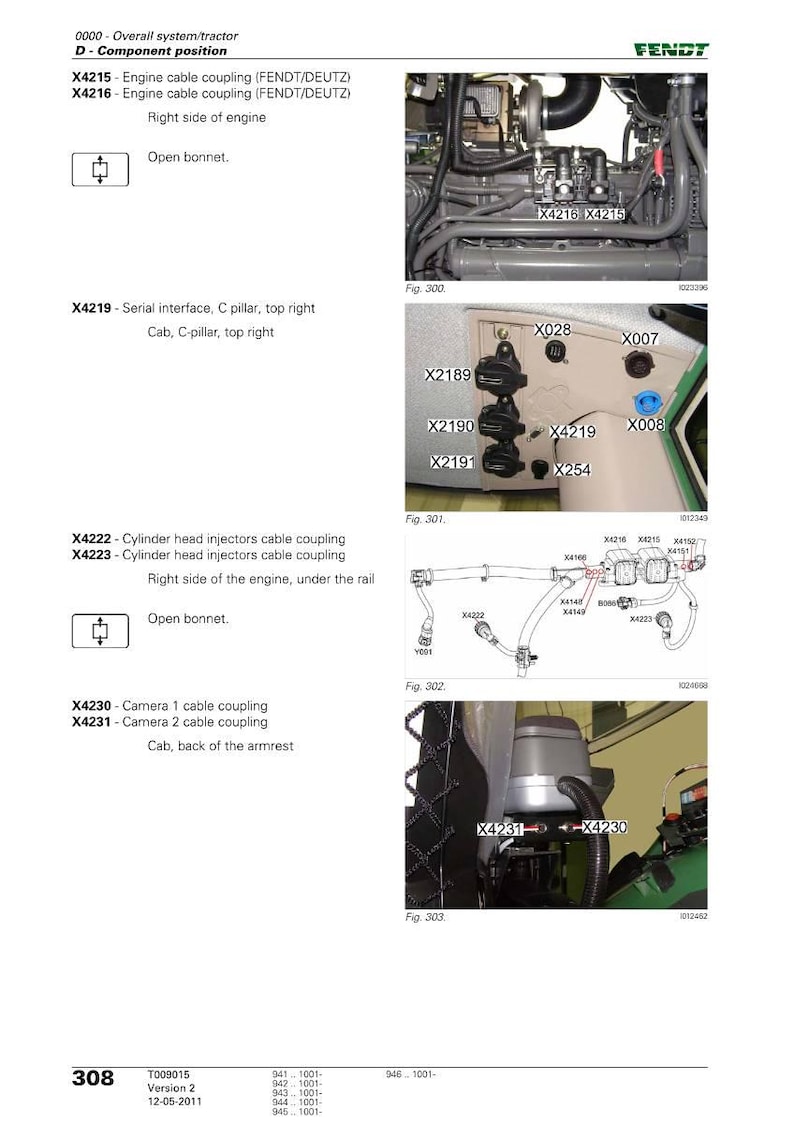 Op de afbeelding: Diagram van tractoronderdelen, inclusief motorkabelkoppelingen, seri&euml;le interface en camerakabelkoppelingen. De afbeelding bevat labels en diagrammen voor verschillende onderdelen, zoals de motor en de cabine.