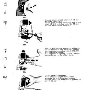May include: Technical diagram with four sequential illustrations of a mechanical assembly process. Each step shows a different stage, with text instructions and measurements in millimeters. The diagram includes parts like a lock pawl, clutch pedal, and setscrew.