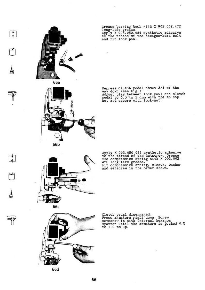 May include: Technical diagram with four sequential illustrations of a mechanical assembly process. Each step shows a different stage, with text instructions and measurements in millimeters. The diagram includes parts like a lock pawl, clutch pedal, and setscrew.