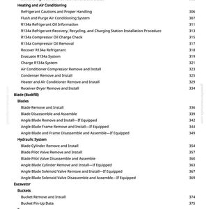 May include: A white page with a table of contents from a manual. The table lists various procedures for seat belts, air conditioning, blades, hydraulic systems, and excavators. Page number 5 is visible.