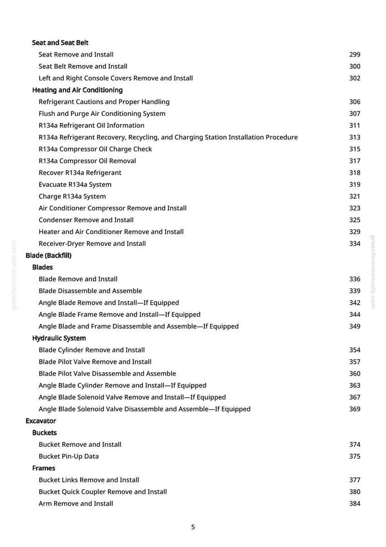 May include: A white page with a table of contents from a manual. The table lists various procedures for seat belts, air conditioning, blades, hydraulic systems, and excavators. Page number 5 is visible.
