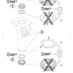May include: Technical diagram showing mechanical parts, including circular seals, a cylindrical structure, and a square-based column. The diagram includes labels and measurements, with some components marked as not applicable.