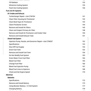 May include: A page from a manual with a table of contents for a diesel fuel system. The text includes sections on air intake, exhaust, and electrical systems. Page numbers are listed on the right side of the page.