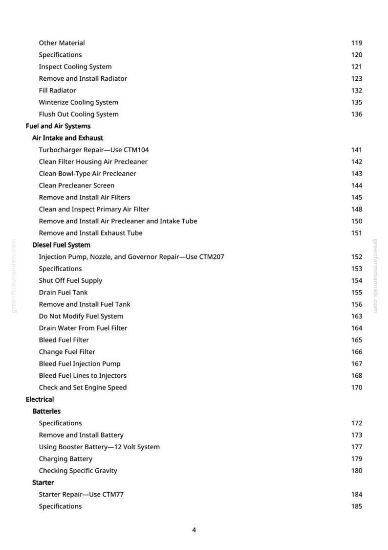 May include: A page from a manual with a table of contents for a diesel fuel system. The text includes sections on air intake, exhaust, and electrical systems. Page numbers are listed on the right side of the page.