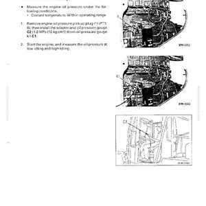 K&ouml;nnte beinhalten: Eine Seite aus einem technischen Handbuch mit Anweisungen zur Messung des Motor&ouml;ldrucks. Die Seite enth&auml;lt Diagramme von Motorkomponenten und Text, der das Verfahren detailliert, einschlie&szlig;lich K&uuml;hlmitteltemperatur und Leerlaufbedingungen.