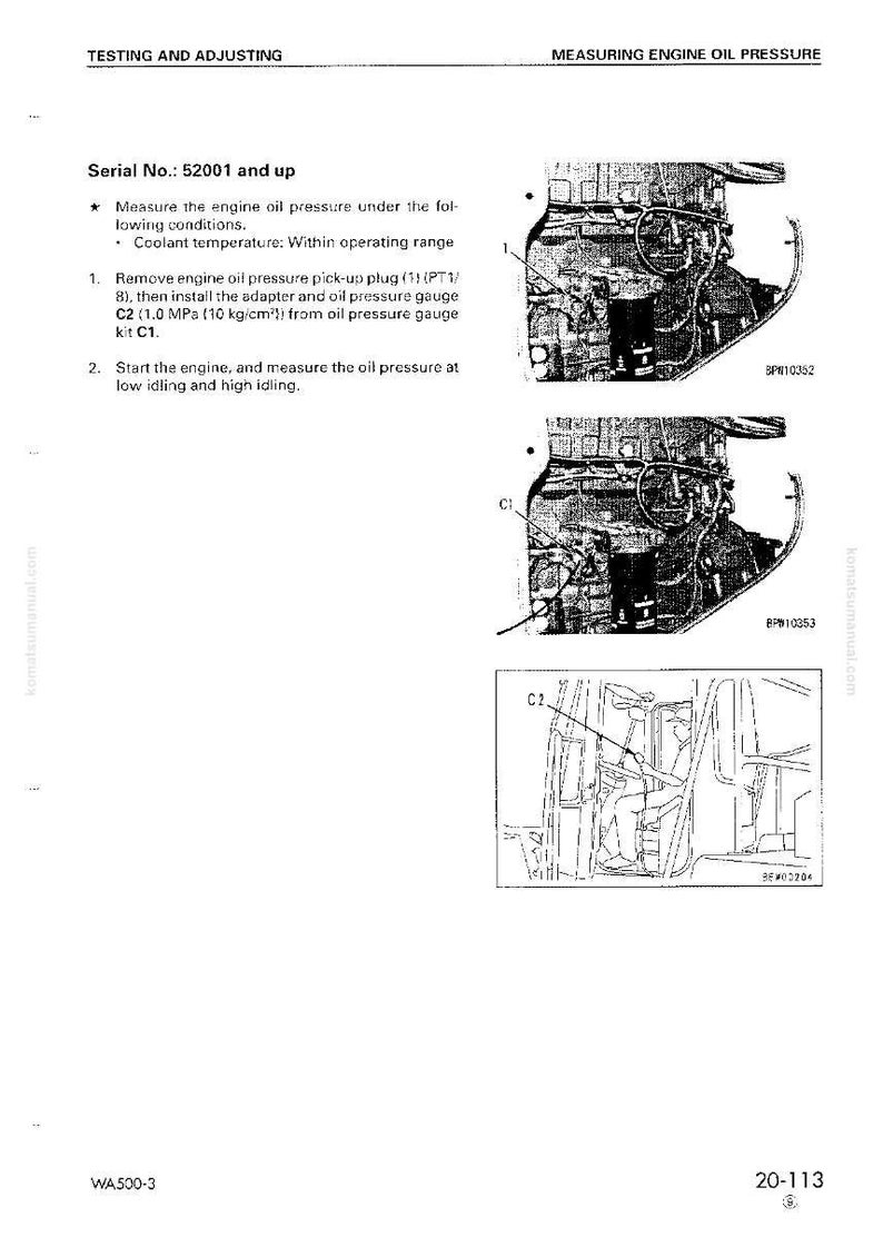 K&ouml;nnte beinhalten: Eine Seite aus einem technischen Handbuch mit Anweisungen zur Messung des Motor&ouml;ldrucks. Die Seite enth&auml;lt Diagramme von Motorkomponenten und Text, der das Verfahren detailliert, einschlie&szlig;lich K&uuml;hlmitteltemperatur und Leerlaufbedingungen.
