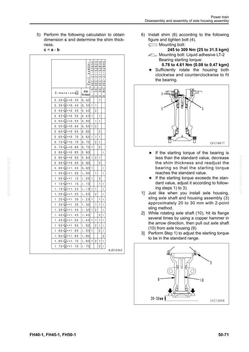 May include: Diagram of axle housing assembly with torque specifications and shim thickness calculations. Includes a table with dimensions and part numbers, along with instructions for installation and adjustment. The image also shows a diagram of the axle housing assembly.