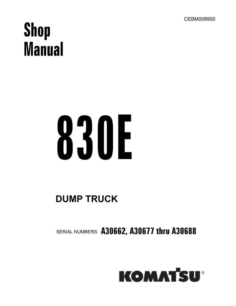 May include: A white shop manual cover with the text "Shop Manual" in black. The number "830E" is prominently displayed, with "DUMP TRUCK" below it. Serial numbers A30662, A30677 thru A30688 are listed. The Komatsu logo is at the bottom.