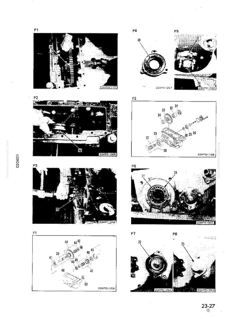 May include: Detailed black and white diagrams of mechanical components, including gears, bearings, and various machine parts. The diagrams are labeled with numbers and letters for identification. The image is from a technical manual.