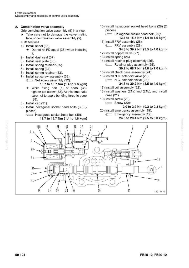K&ouml;nnte beinhalten: Technische Zeichnung zur Demontage und Montage einer Steuerventilbaugruppe f&uuml;r ein Hydrauliksystem. Mit Teilenummern, Drehmomentangaben in Nm und einer beschrifteten Darstellung. Enth&auml;lt die Modellnummern FB25-12 und FB30-12.
