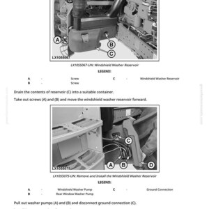 K&ouml;nnte beinhalten: Diagramm zur Entfernung und zum Einbau des Scheibenwaschbeh&auml;lters. Das Bild zeigt den Beh&auml;lter, Schrauben und Waschpumpen, gekennzeichnet mit A, B, C und D. Textanweisungen beschreiben die Schritte zum Aus- und Einbau.