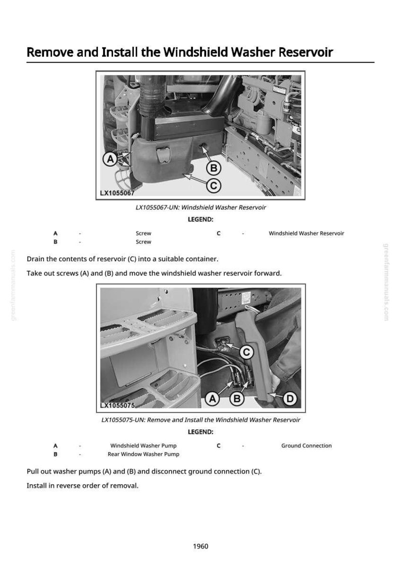 K&ouml;nnte beinhalten: Diagramm zur Entfernung und zum Einbau des Scheibenwaschbeh&auml;lters. Das Bild zeigt den Beh&auml;lter, Schrauben und Waschpumpen, gekennzeichnet mit A, B, C und D. Textanweisungen beschreiben die Schritte zum Aus- und Einbau.