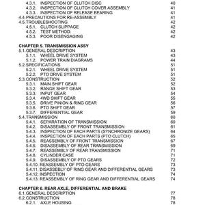 May include: A detailed table of contents from a manual, with sections on clutch, transmission, and rear axle components. The text is in black font on a white background, with page numbers on the right.