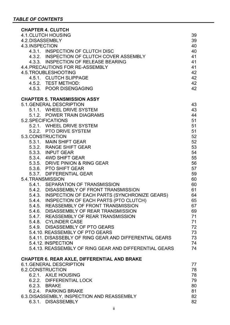 May include: A detailed table of contents from a manual, with sections on clutch, transmission, and rear axle components. The text is in black font on a white background, with page numbers on the right.