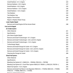 May include: A printed page from a greenfarmmanuals.com manual, listing engine repair procedures. The text includes instructions for radiator, turbocharger, and fuel system maintenance, with page numbers.