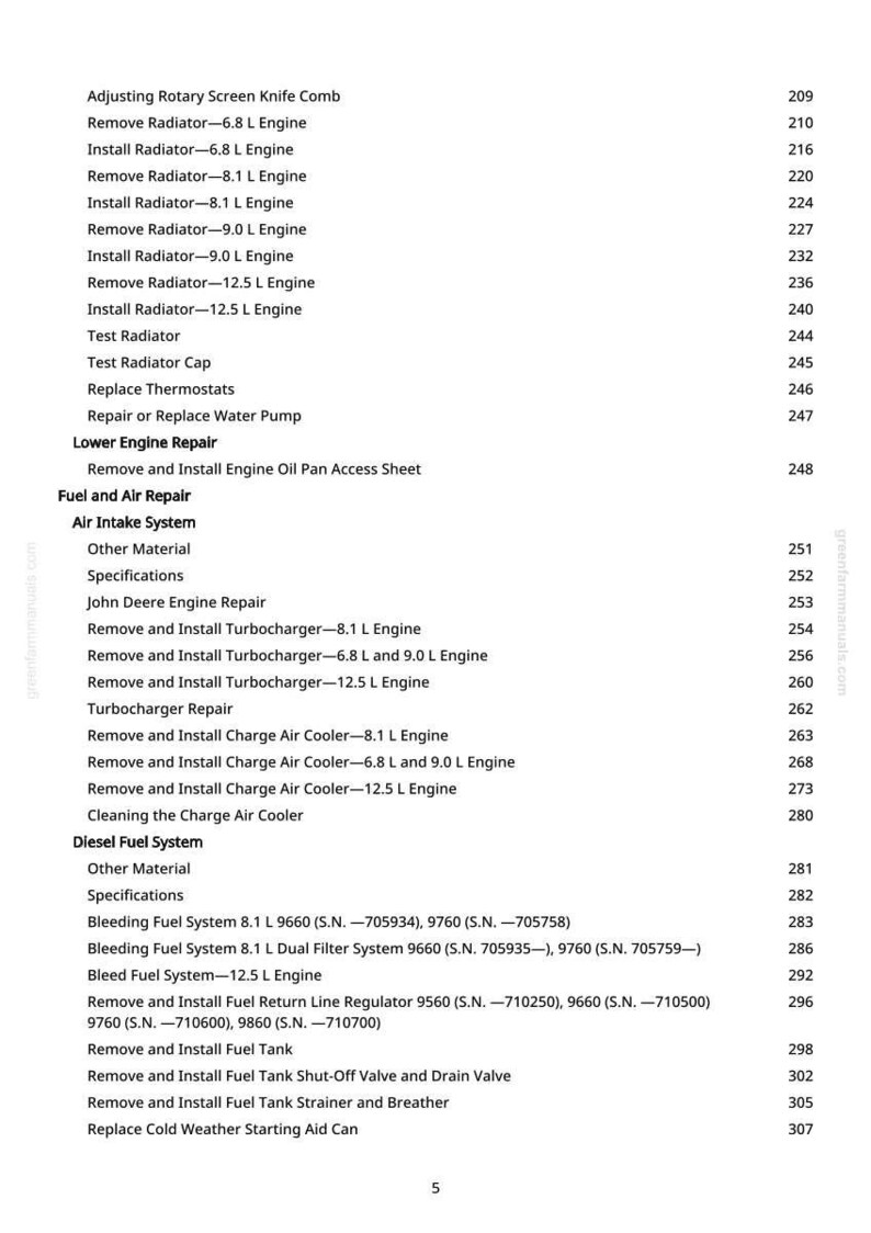 May include: A printed page from a greenfarmmanuals.com manual, listing engine repair procedures. The text includes instructions for radiator, turbocharger, and fuel system maintenance, with page numbers.