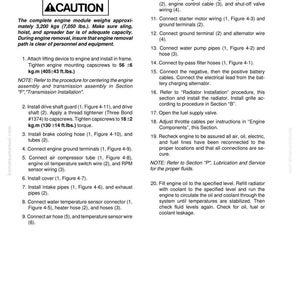 May include: An engine installation manual page with the title "Installation" and a "CAUTION" warning. The text details steps for engine assembly, including connecting hoses, wires, and pipes. Measurements are in kilograms and pounds.