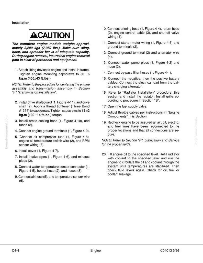 May include: An engine installation manual page with the title "Installation" and a "CAUTION" warning. The text details steps for engine assembly, including connecting hoses, wires, and pipes. Measurements are in kilograms and pounds.