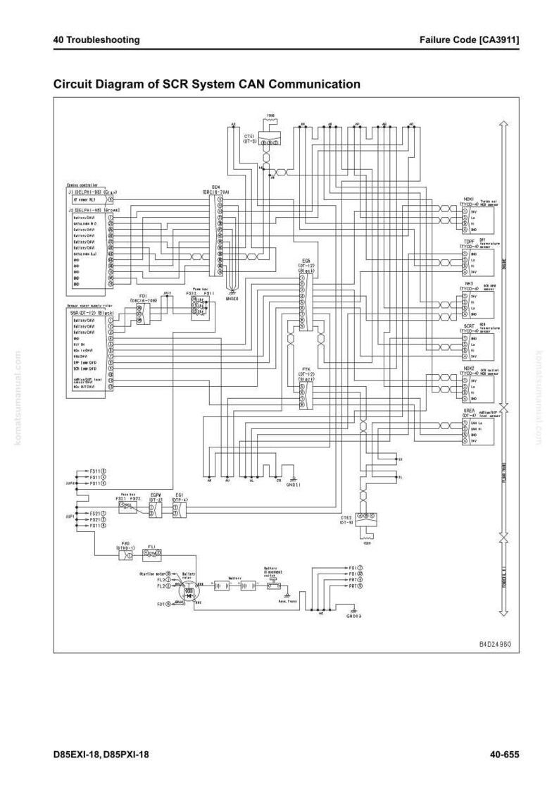 K&ouml;nnte beinhalten: Ein detailliertes Schaltbild der SCR-System-CAN-Kommunikation mit Textbeschriftungen und Linien. Das Diagramm enth&auml;lt den Fehlercode [CA3911] und ist mit 40 Fehlerbehebung gekennzeichnet. Das Diagramm ist f&uuml;r D85EXI-18 und D85PXI-18.