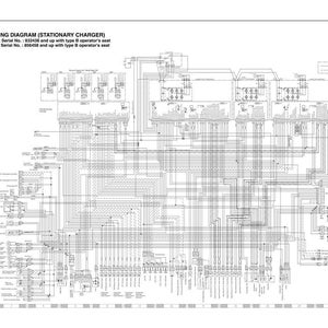 Pode incluir: Um diagrama de fia&ccedil;&atilde;o el&eacute;trica detalhado para um carregador estacion&aacute;rio, com texto indicando os n&uacute;meros do modelo e da s&eacute;rie. O diagrama &eacute; complexo, apresentando in&uacute;meras linhas e s&iacute;mbolos em um fundo branco.