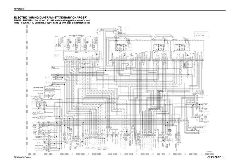 Pode incluir: Um diagrama de fia&ccedil;&atilde;o el&eacute;trica detalhado para um carregador estacion&aacute;rio, com texto indicando os n&uacute;meros do modelo e da s&eacute;rie. O diagrama &eacute; complexo, apresentando in&uacute;meras linhas e s&iacute;mbolos em um fundo branco.