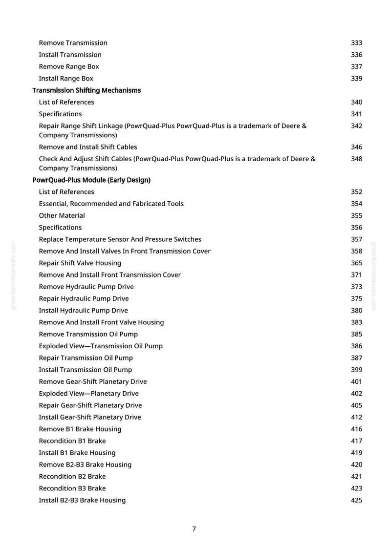 May include: A page from a manual with a list of mechanical repair procedures. The text includes terms like "Remove Transmission," "Install Hydraulic Pump Drive," and "Recondition B1 Brake." The page number is 7.