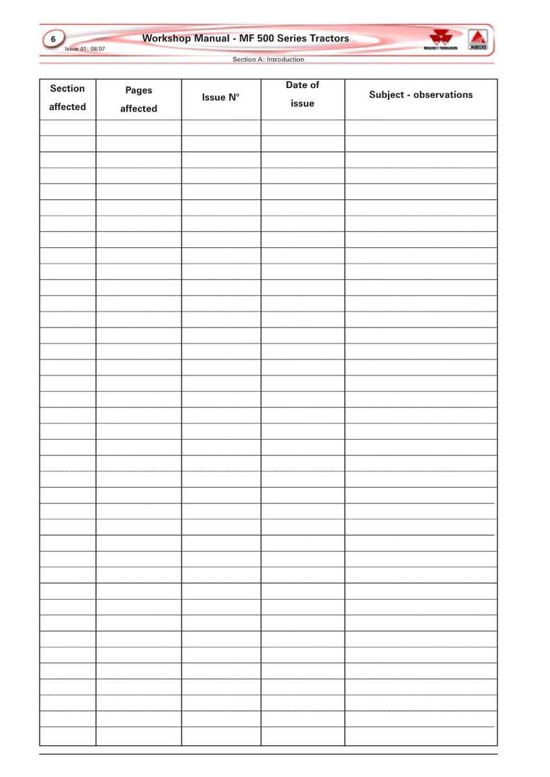 May include: A workshop manual for MF 500 Series Tractors. The document is a table with columns for sections affected, pages affected, issue number, date of issue, and subject observations. The manual's cover has the text "Workshop Manual - MF 500 Series Tractors".