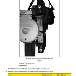 May include: Diagram of a mechanical assembly with a chain, labelled with "A" for bracket-to-transmission cap screws. The text indicates the torque specification is 475 N-m (350 lb.-ft.).