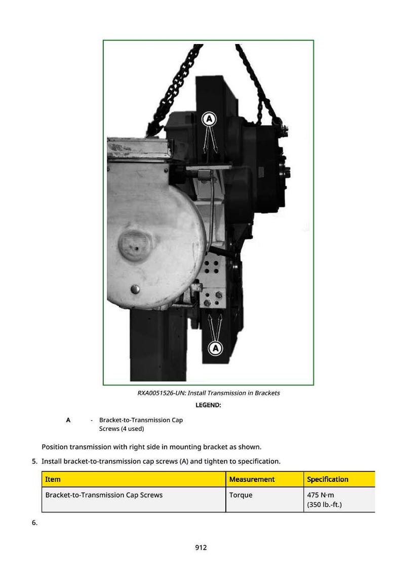 May include: Diagram of a mechanical assembly with a chain, labelled with "A" for bracket-to-transmission cap screws. The text indicates the torque specification is 475 N-m (350 lb.-ft.).